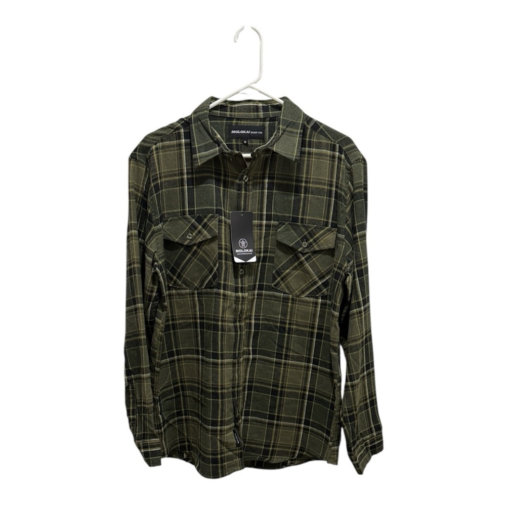 Molokai Surf Co. Men’s Black and Olive Plaid Button-Up Shirt Medium NWT